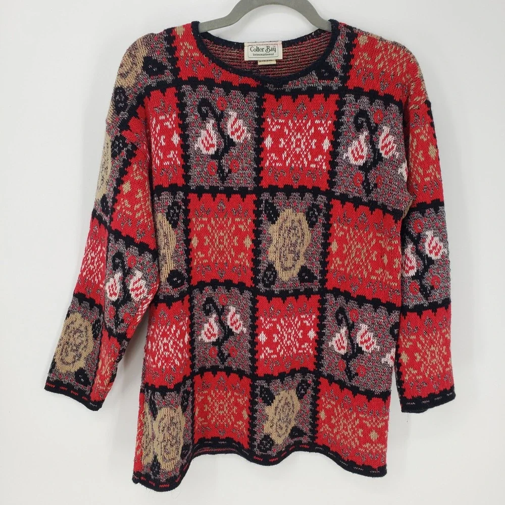 Vintage 90s Patchwork‎ Floral Knit Sweater Womens Sz L Red Geometric Grannycore
